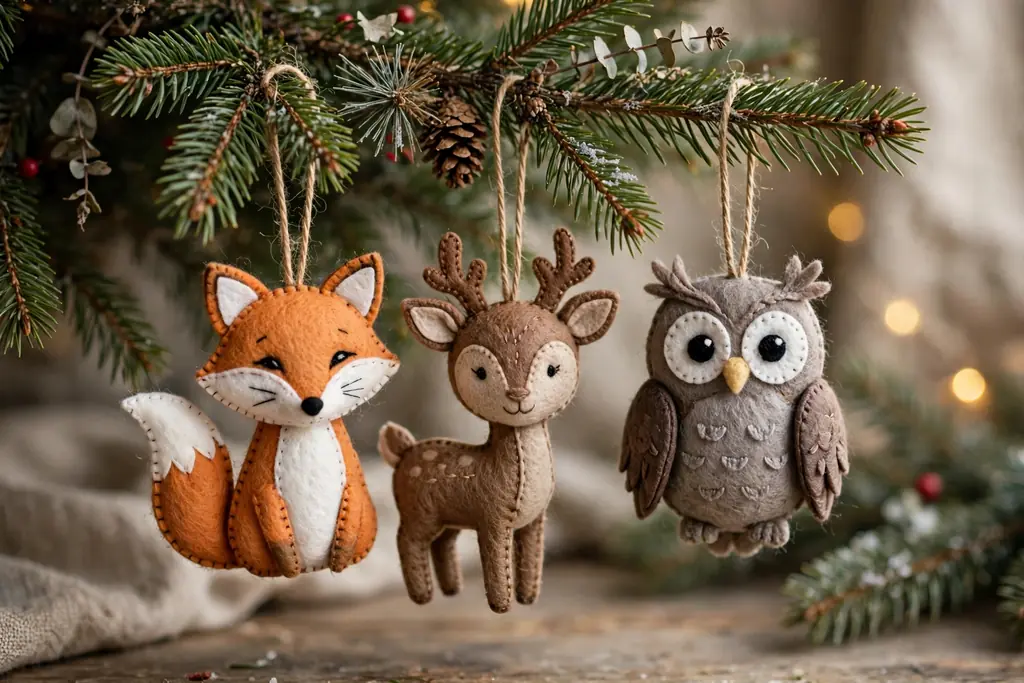 Felt fox, deer, and owl ornaments hanging on a Christmas tree branch.