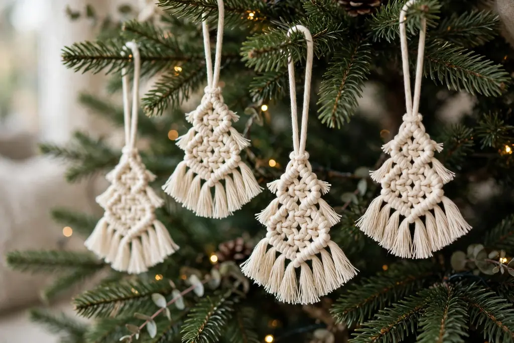 Small macrame tree ornaments in cream cotton cord hanging on a Christmas tree.