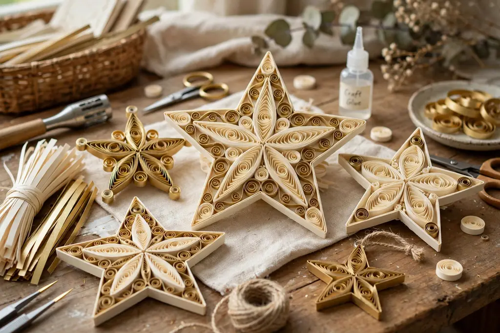 Paper quilled star ornaments in cream and gold on a craft table.
