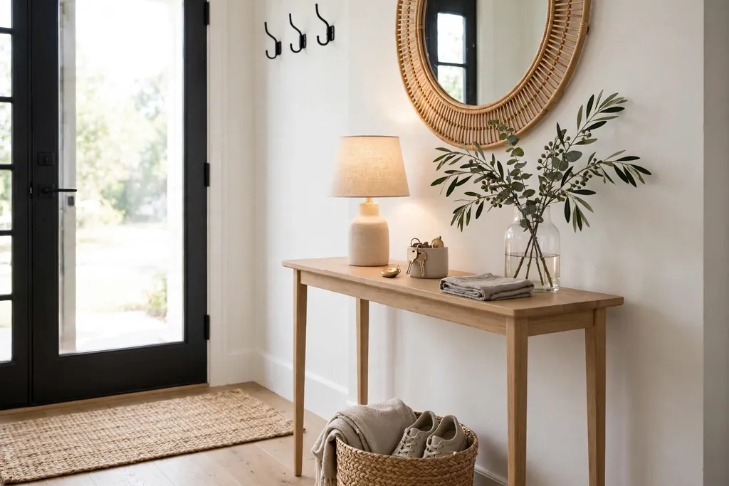 Slim wood console table in an entryway with a key tray