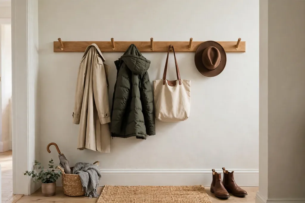 Wooden peg rail on a pale entry wall holding coats