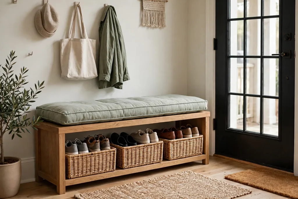 Low entry bench with woven baskets below holding shoes and a cushion on top.