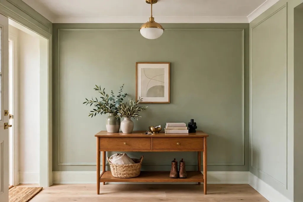 Entry wall painted warm sage green behind a wood console with pale trim.