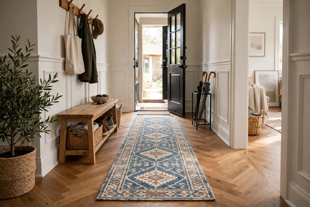 Patterned washable runner on a wood floor leading from a front door into a home.