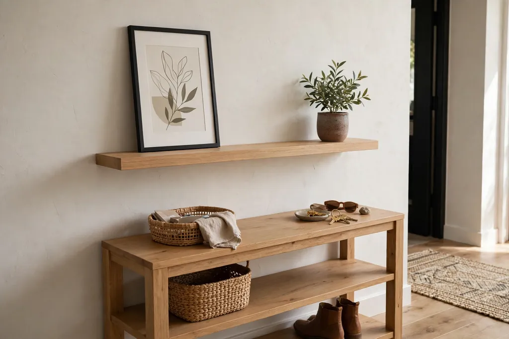 Floating shelf above an entry console with one framed print and a small plant.