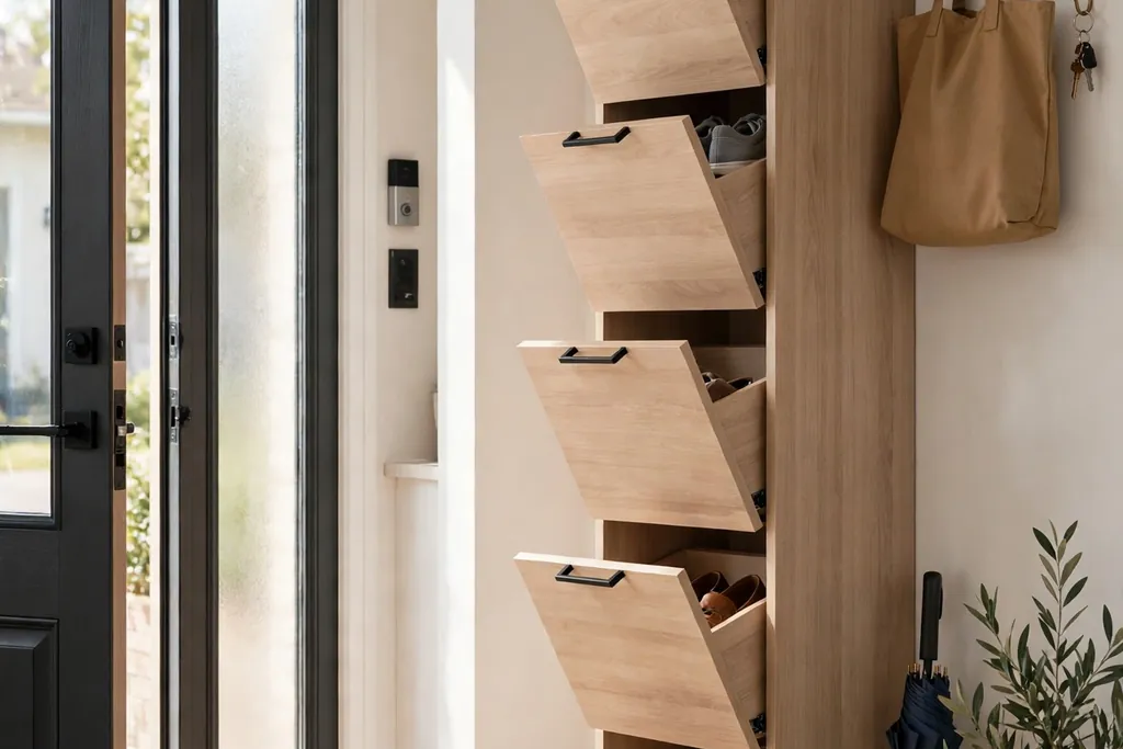 Tall narrow shoe cabinet with tilt out drawers in a bright entryway.