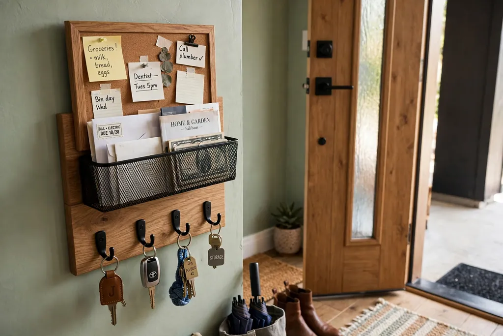 Wall mounted key and mail station with hooks