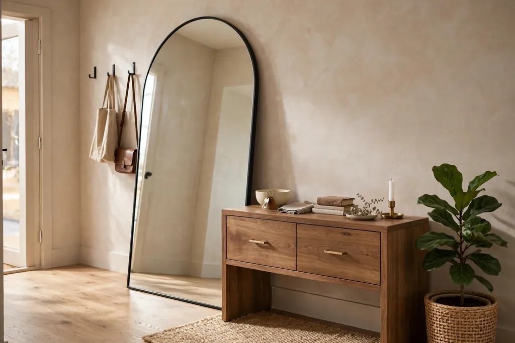 Large arched mirror leaning against an entry wall beside a console and a plant.