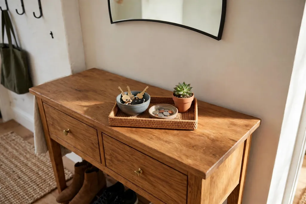 Small tray on a console with a bowl for keys