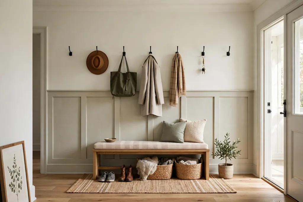 Entry wall with board and batten paneling on the lower half and pale paint above.
