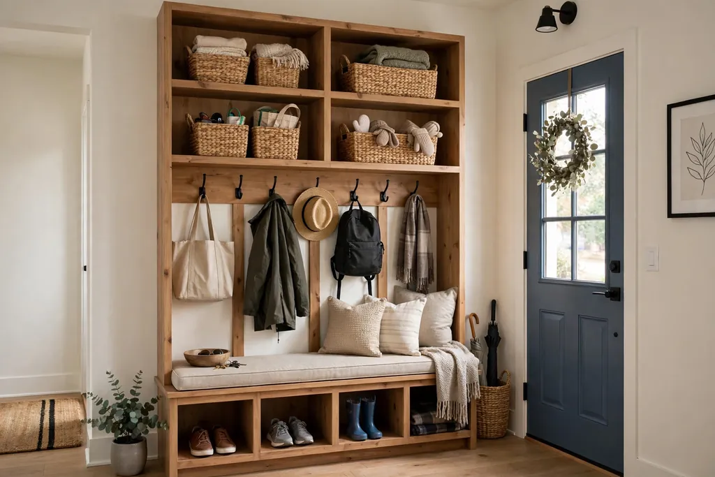 Open cubby wall unit with a bench seat