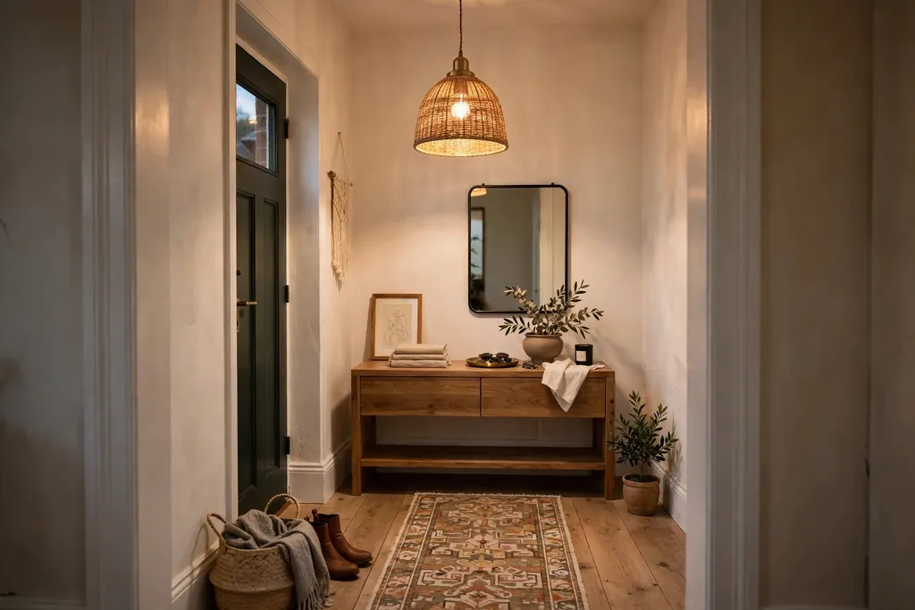 Warm pendant light hanging in a small entryway above a console and runner.