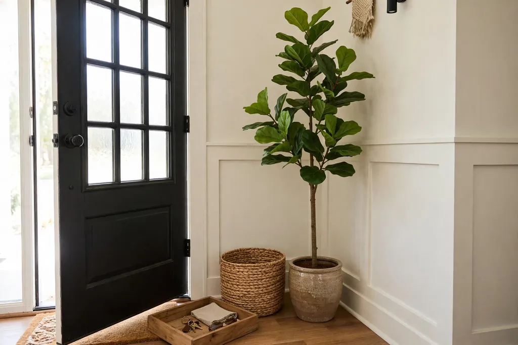 Tall potted plant in a bright entry corner beside a woven basket and a wood tray.