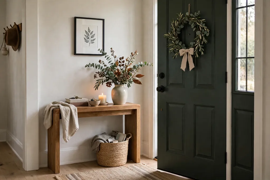 Entry console styled with a vase of seasonal stems and a simple wreath on the door.