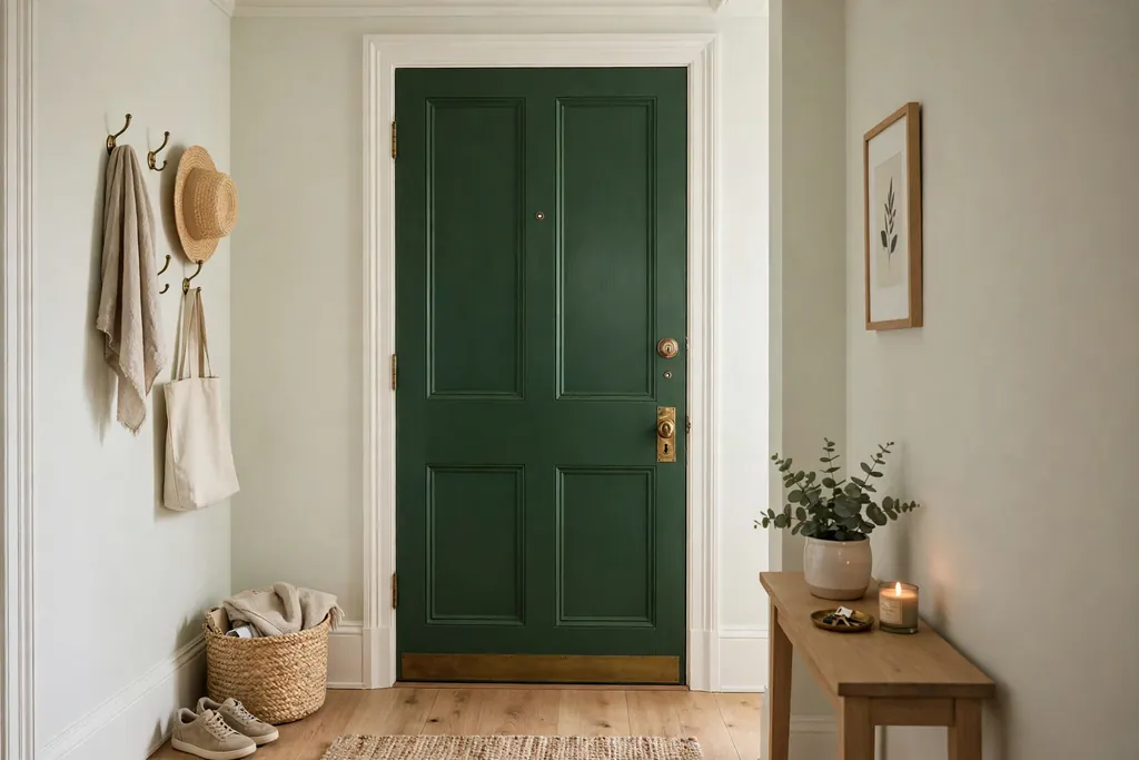 Front door painted deep green on the inside face