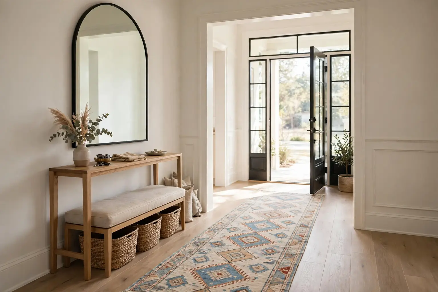 Wide bright entryway with a wood console