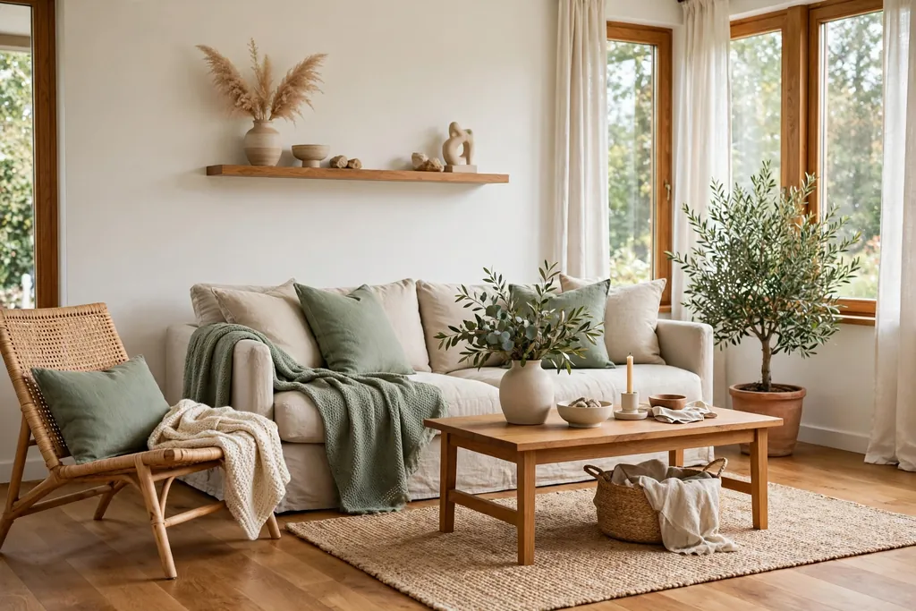 Relaxed living room with warm white walls, a warm oak floor, and a calm sage accent in cushions.