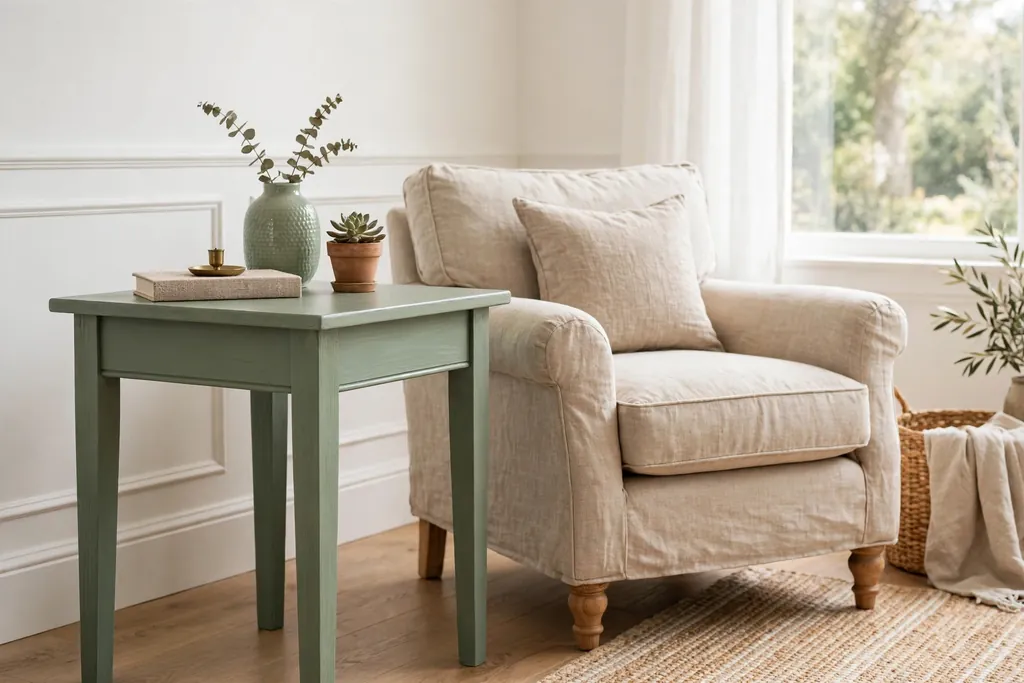 Wooden side table freshly painted in sage green beside a linen armchair in a bright room.