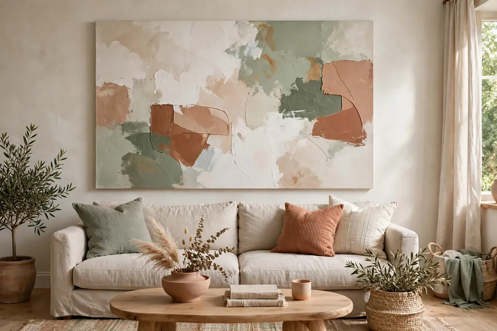 Large abstract canvas art in warm white, sage, and clay tones above a linen sofa.