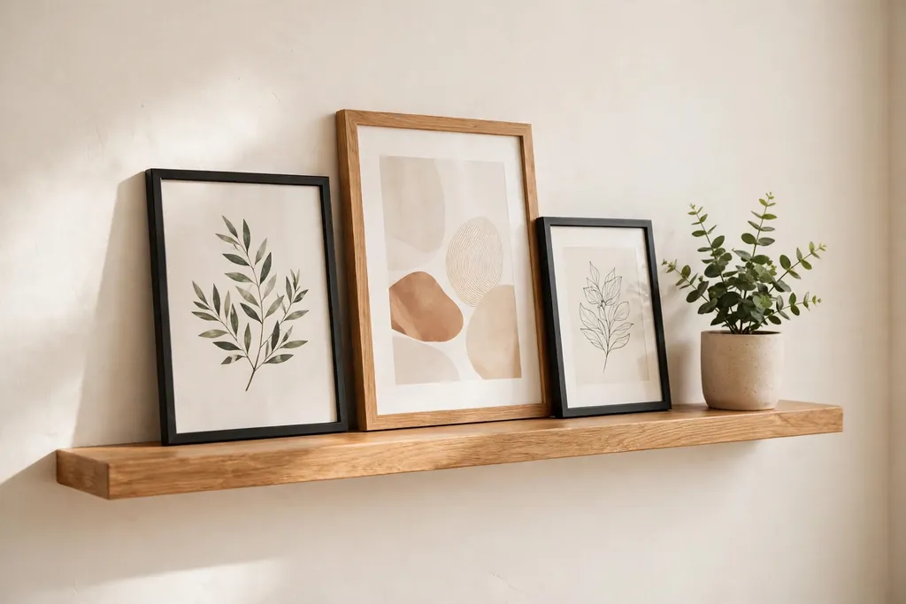 Wood picture ledge on a warm white wall holding framed prints and a small plant.