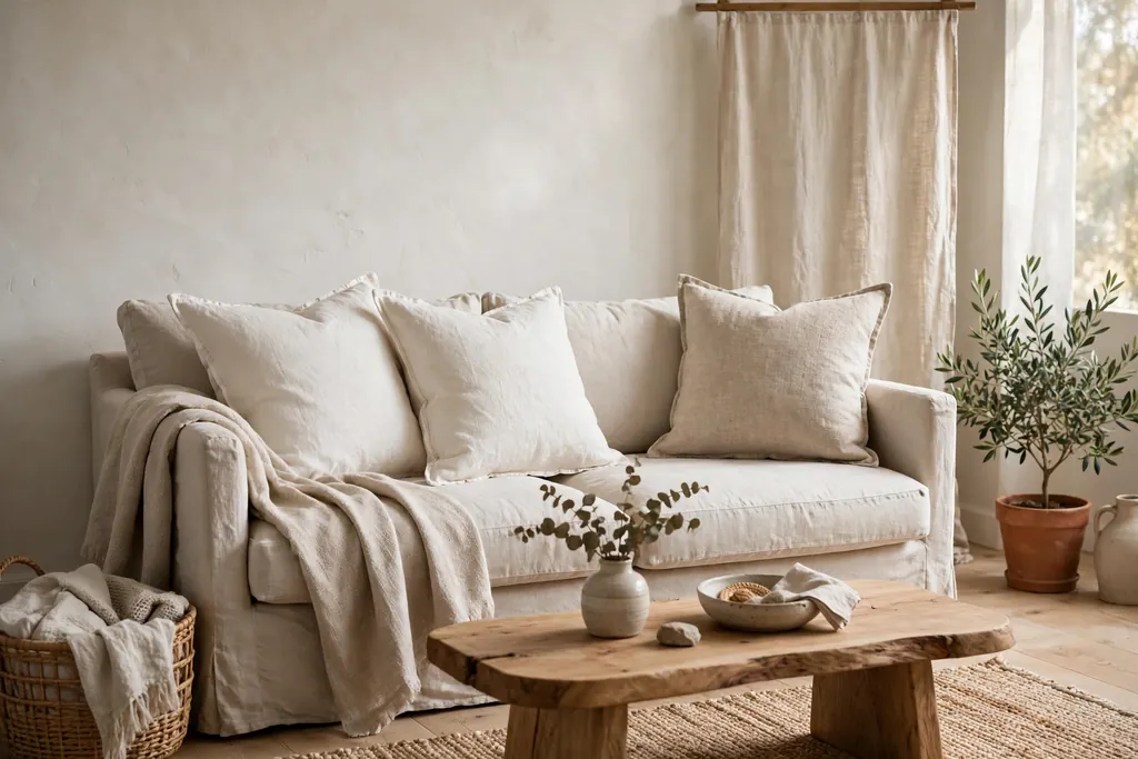 Linen sofa with simple handmade linen cushion covers in warm white and oatmeal.