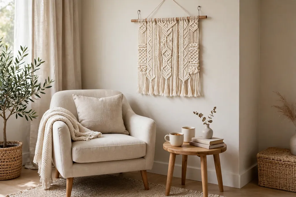 Cotton wall hanging on a wood dowel above a reading chair in a calm bedroom corner.