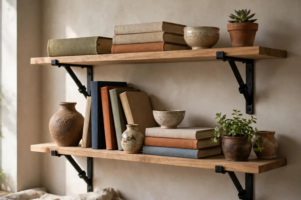 Open wood shelves on black iron brackets holding books, pottery, and a small plant.