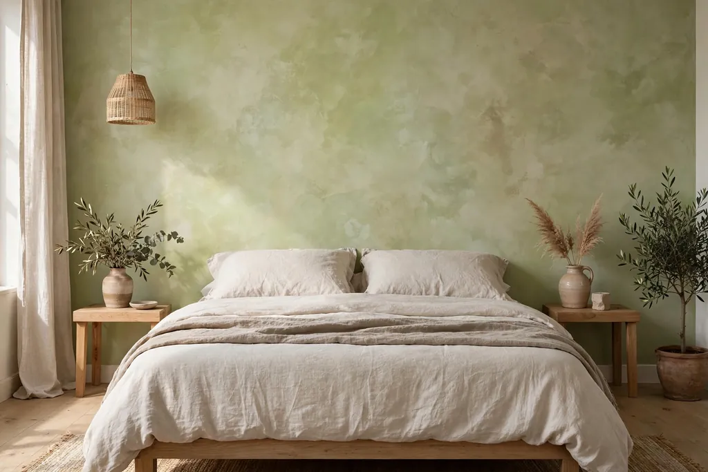 Bedroom feature wall with soft limewash texture behind a bed with plain linen bedding.