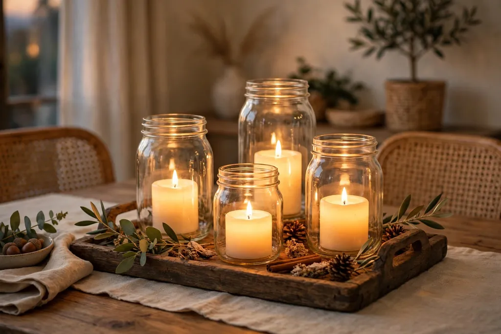 Glass jar lanterns with warm battery candles on a wood tray on a dining table.