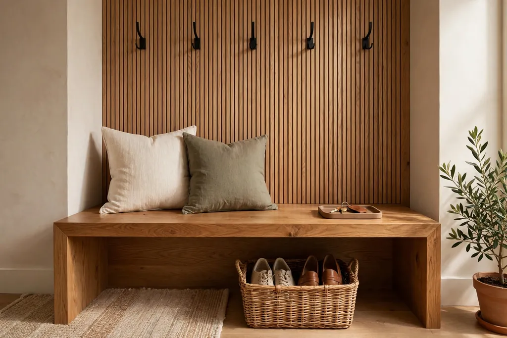 Entry bench in warm wood with wall hooks, a basket for shoes, and a small tray for keys.