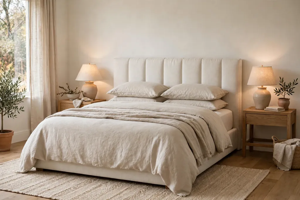 Bedroom with a padded linen headboard in warm white and plain oatmeal bedding.