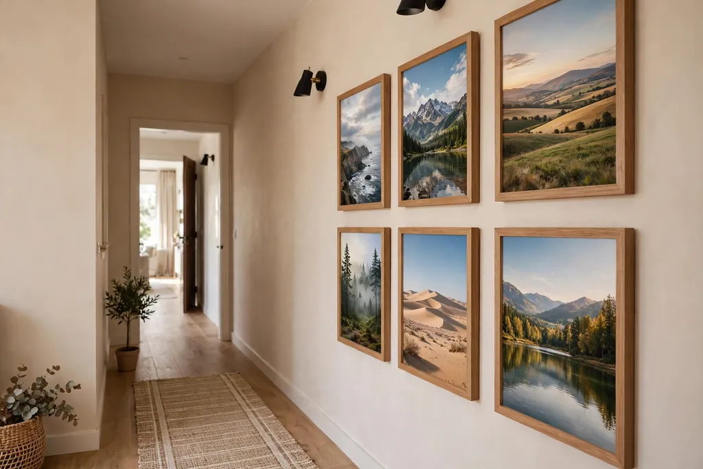 Hallway gallery wall with matching wood frames and landscape prints with equal gaps.
