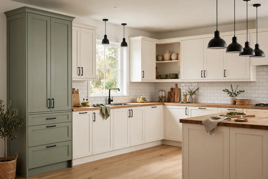Kitchen with matte black cabinet hardware and one painted sage cabinet run beside warm white cabinets.