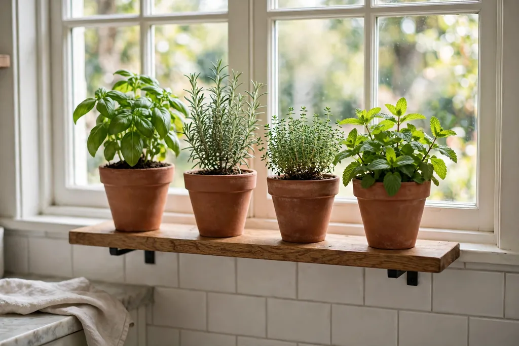 Kitchen window shelf with clay pots of basil, rosemary, thyme, and mint in daylight.