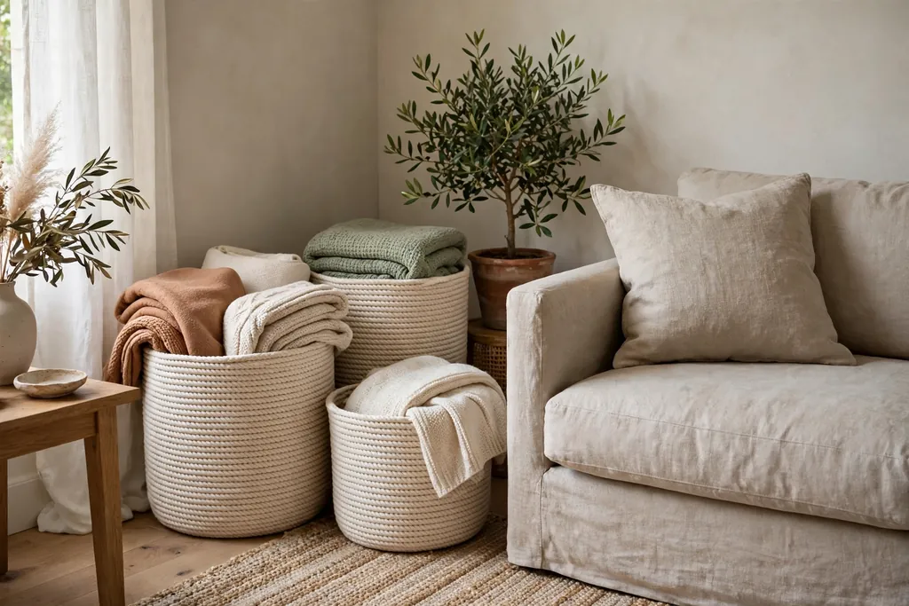 Living room corner with baskets wrapped in cotton rope holding throws beside a linen sofa.