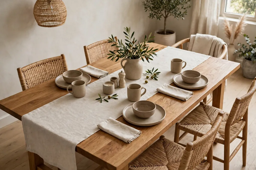 Wood dining table with a plain linen table runner, matching napkins, and stoneware.