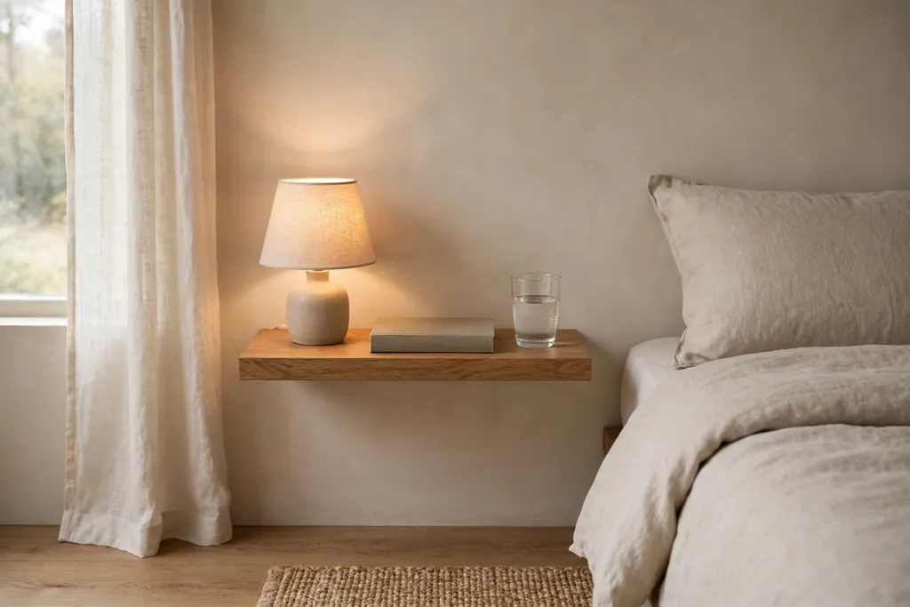 Small bedroom with a floating wood nightstand shelf holding a lamp, a book, and a glass of water.