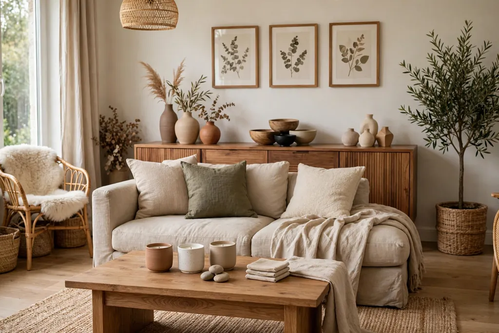 Relaxed living room styled with grouped items in threes on a coffee table and a sideboard.