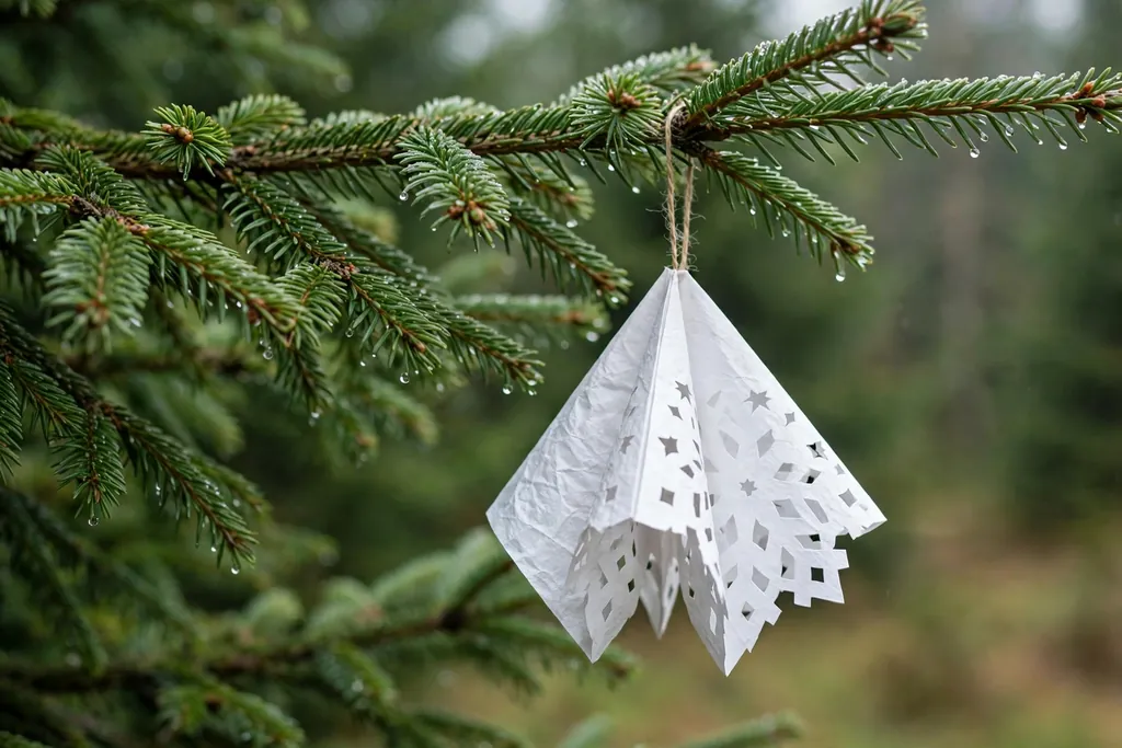 Folded white paper snowflake ornament with cut patterns hanging on a green Christmas tree branch.