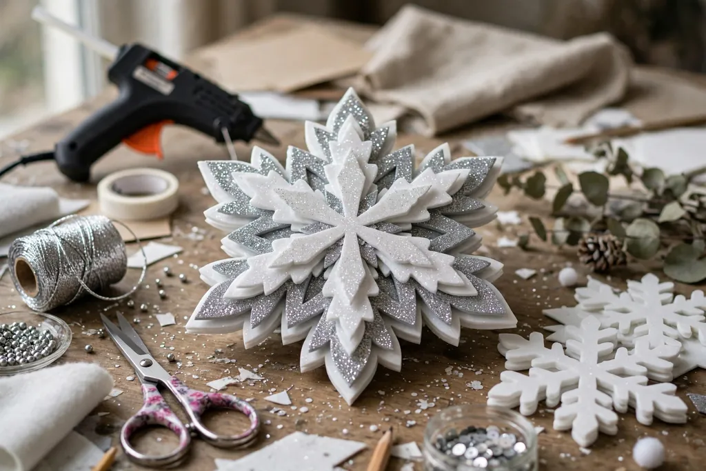 Glitter foam snowflake ornament in silver and white layered shapes on a craft table.
