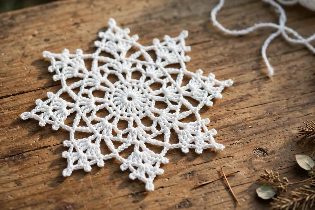 Crochet snowflake ornament in white cotton thread lying flat on a wooden table.