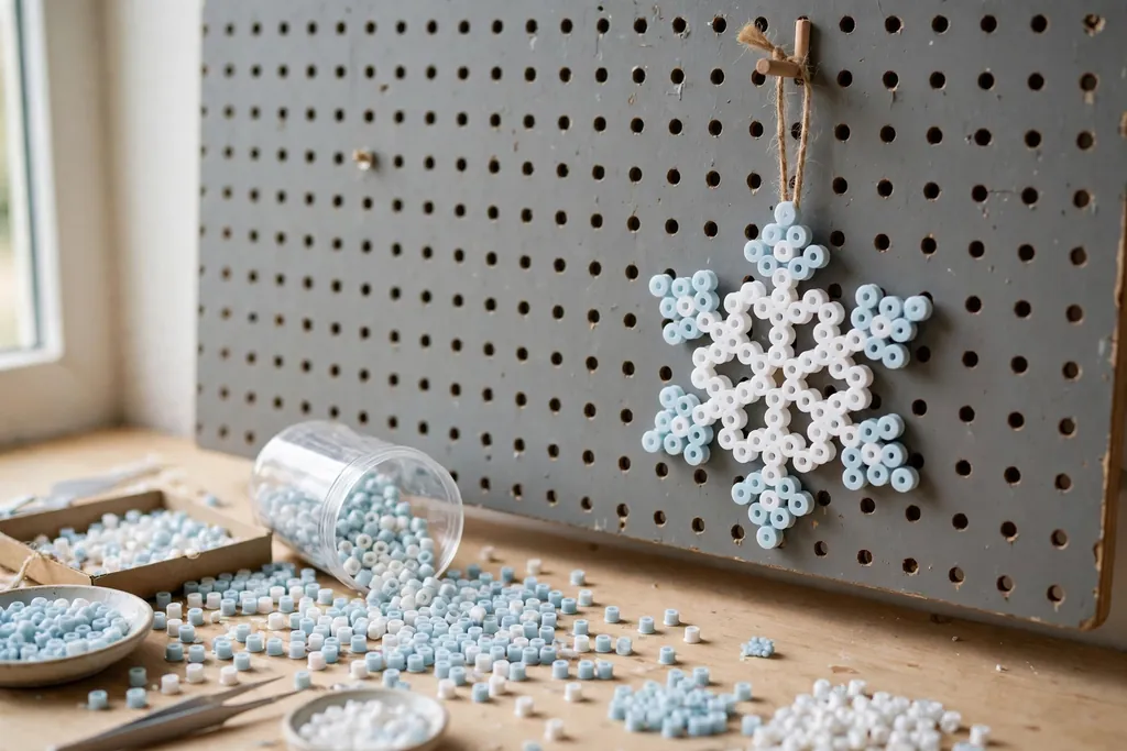 Perler bead snowflake ornament in white and pale blue on a pegboard beside loose beads.