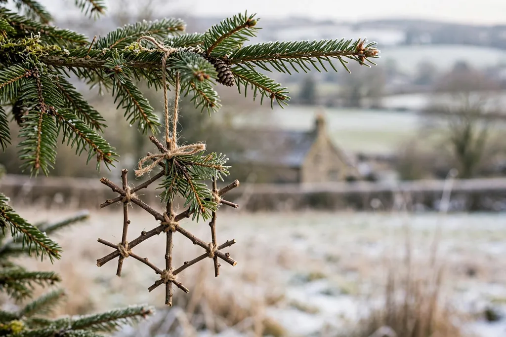 Twig snowflake ornament tied with twine and a small pine sprig hanging on a rustic tree.