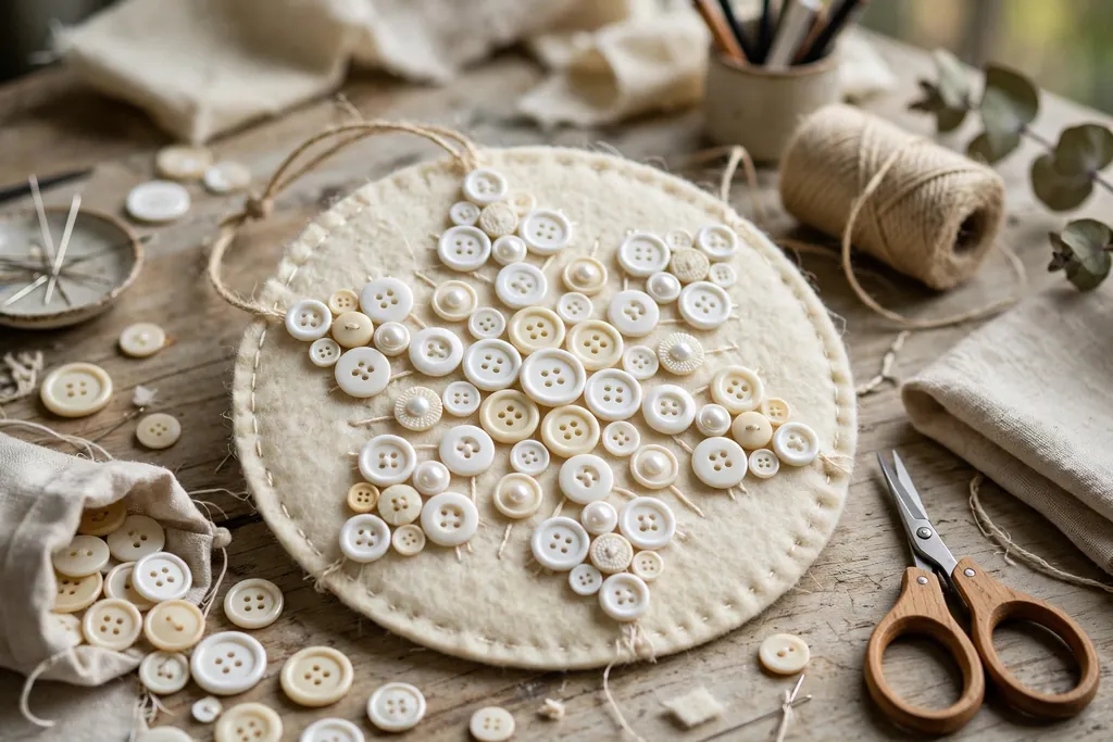 Button snowflake ornament in white and cream buttons on felt backing on a craft table.