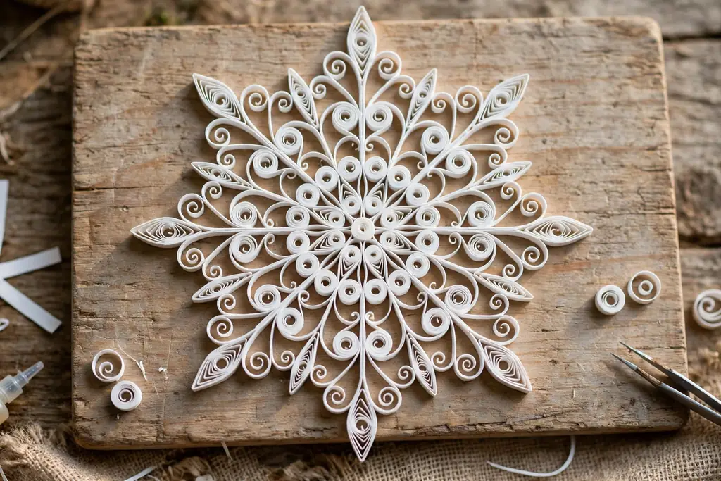 Quilled paper snowflake ornament in white coils arranged in a lacy pattern on a board.