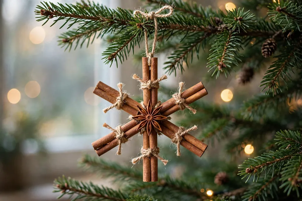Cinnamon stick snowflake ornament tied with twine and a star anise center hanging on a tree.