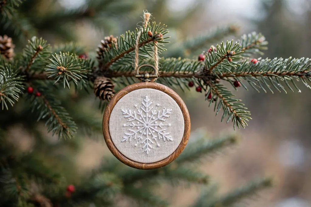 Small wooden embroidery hoop with a stitched white snowflake design hanging on a tree branch.