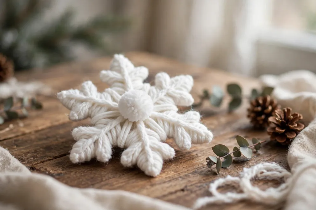 Yarn wrapped snowflake ornament in soft white yarn with a small pompom center on a table.