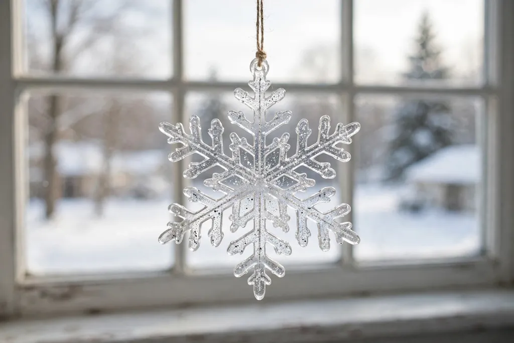 Clear resin snowflake ornament with fine silver glitter hanging in front of a bright window.