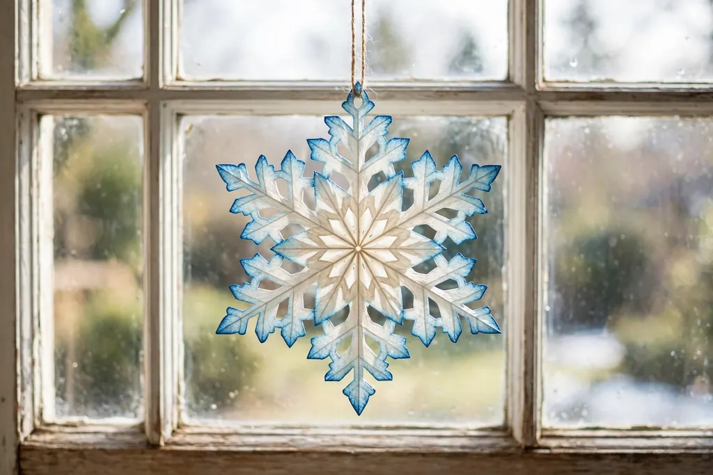 Coffee filter snowflake ornament dyed soft blue at the edges hanging in a bright window.
